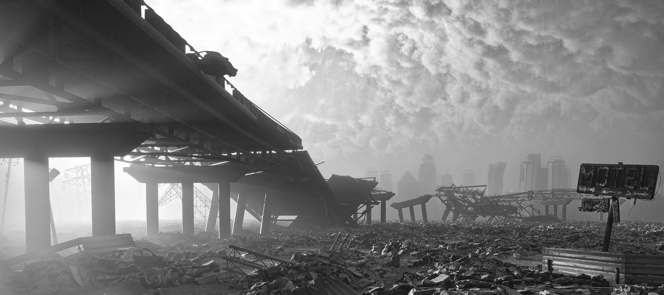 Apocalyptic landscape Ruins of a city. Apocalyptic landscape.3d illustration concept